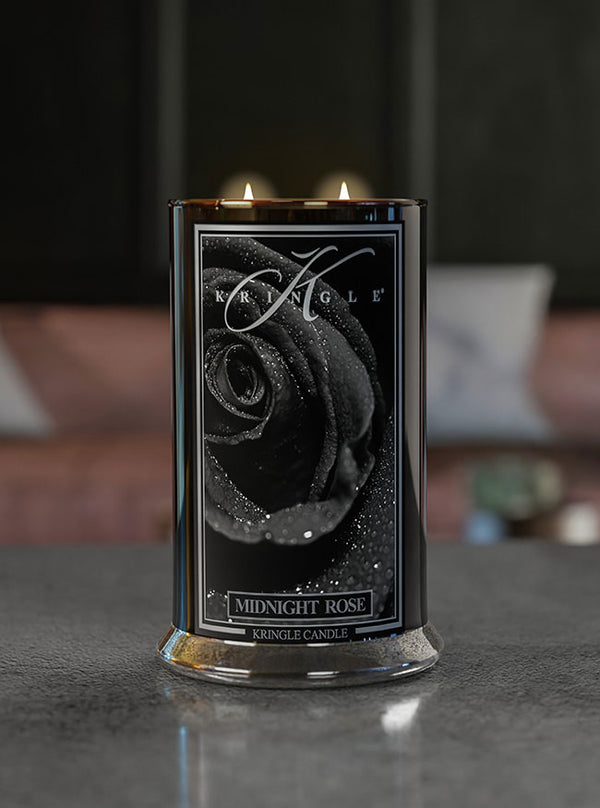 lit midnight rose jar on counter